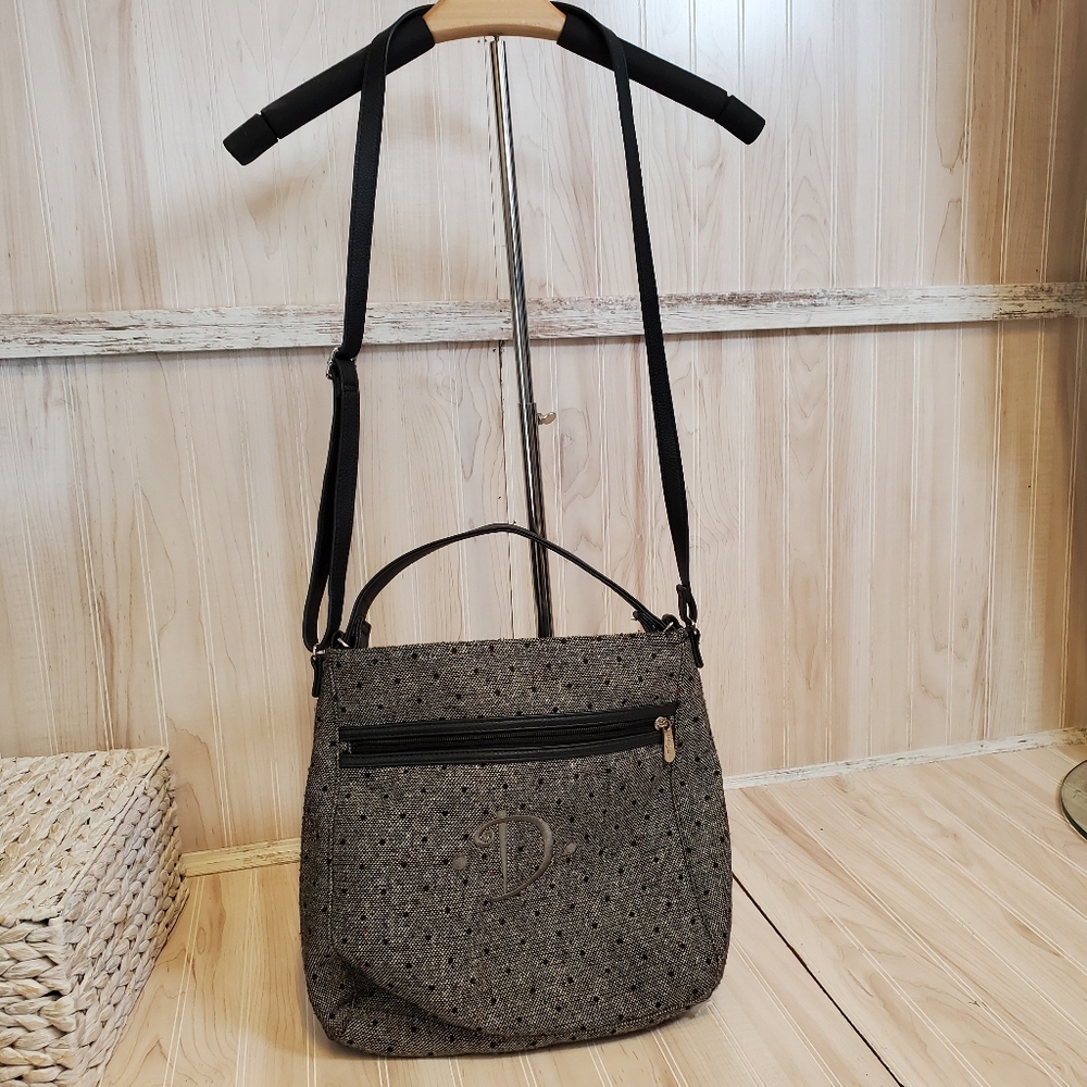 Thirty One Everything Crossbody Handbag Purse Preppy  Acadamia Tweed Black Dots
